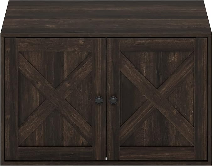 Furinno PELI Cat Litter Box Enclosure, Farmhouse Hidden Litter Box Furniture with Side Entrance, Wooden Pet House with Slatted Door, Easy Assembly, for Living Room, Ebony