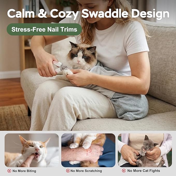Cat Wrap for Cutting Nails, Self-Adhesive Cat Nail Clipping Restraint Bag, Anti-Scratch Cat Grooming Wrap Swaddle for Meds, SubQ Fluids, Ear Cleaning, Teeth Brushing & Vet Visits,Grey,M
