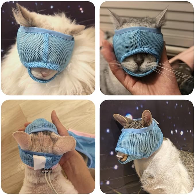 PUMYPOREITY 2 Pack Cat Calming Muzzle, Soft Breathable Mesh Cat Head Cover with Adjustable Strap, Calming & Anti-Bite Design for Grooming, Nail Trimming, Bathing and Vet Visits, Small, Blue