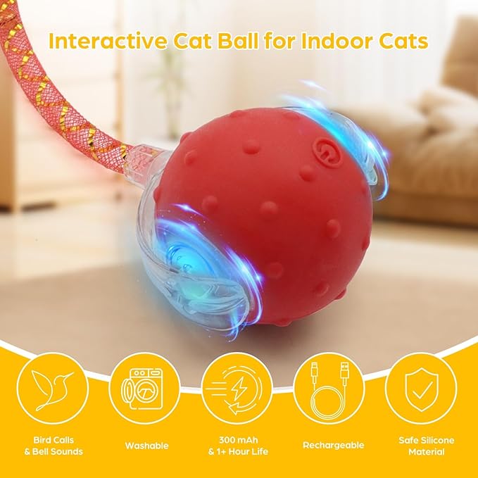 Interactive Cat Toys Ball, Automatic Moving Cats Toy with Elastic Mesh Bell Tail, Rechargeable Cat Ball for Bored Indoor Adult Cats, Energetic-cat (Red)