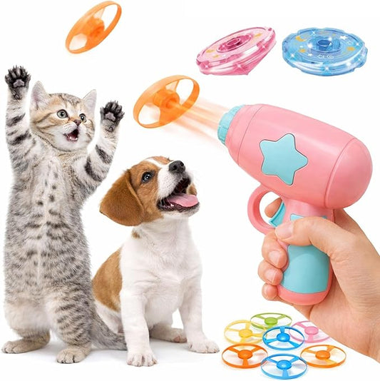 Bamboo Dragonfly Catapult Launcher, Flying Disk Launcher Toy,7 Piece Cat Fetch Toys,Interactive Flying Cat Toy for Pet Exercise & Night Play,with LED Glow (Pink)