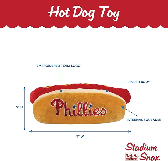 MLB Philadelphia Phillies Plush Dog Toys - Stadium Theme Snacks - Cutest Plush HOT-Dog Toy for Dogs & Cats with Inner Squeaker & Premium Embroidery of Baseball Team Name/Logo
