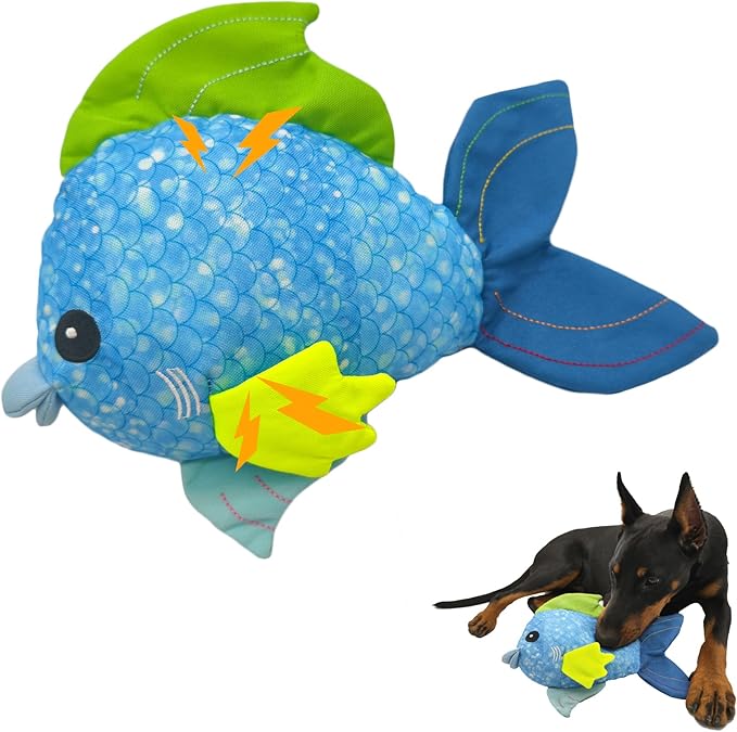 Recycled Canvas Fish Squeaky Dog Toy for Chewers Puppy Teething Chew Toy Cute Funny Blue Stuffed Animal Durable Interactive Dog Squeak Toy for Small Medium Large Dogs Toy Gift 27cm/10.63in
