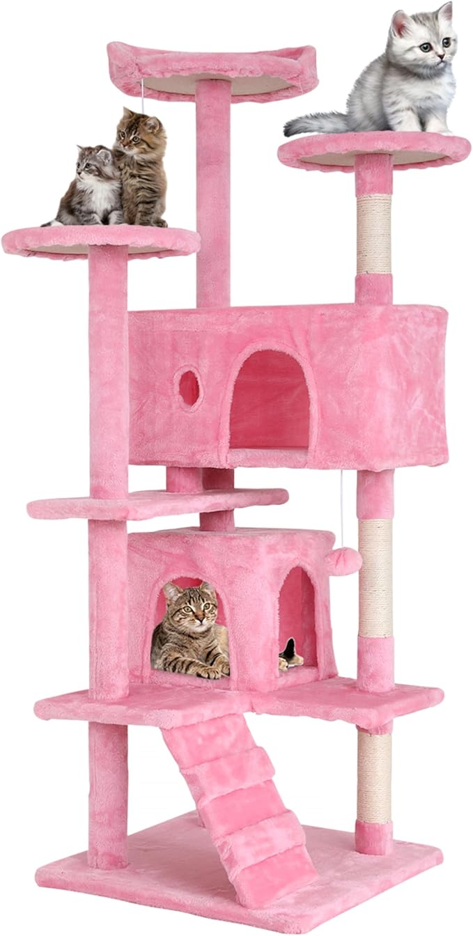 24/7 Shop at Home Court 54 inch Multi-Level Cute Cat Tree Tower with Dangling Ball and Scratching Posts for Indoor Cats Adults, Kitten Supplies, Pet House, Pink