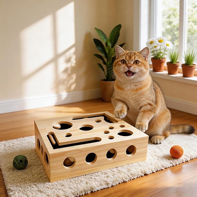 Cat Nail File Enrichment Box with Sandpaper 3 Balls, Multilayer Solid Wood Cat Scratch Puzzle Box Nail File, Interactive Cat Puzzle Toy for Indoor Cats, Alternative to Nail Clippers
