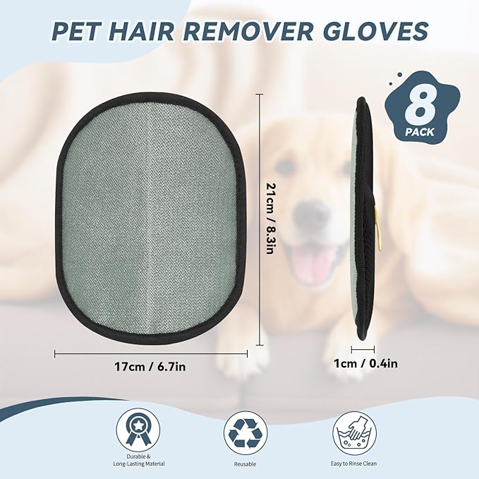 Teruntrue 8 Pack Pet Hair Removal Gloves, Double-Sided Electrostatic Grooming Glove, Reusable Deshedding Gloves for Dogs Cats, Fit Furniture Sofa Carpet Clothes Bed Home Upholstery