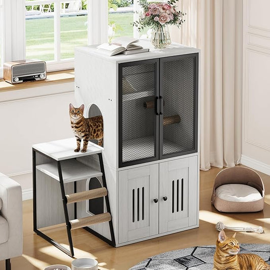 GarveeLife Cat Litter Box Enclosure with Doors, Double Cat House with Storage Space, Enclosed Litter Box Furniture with Ladder, Retro White