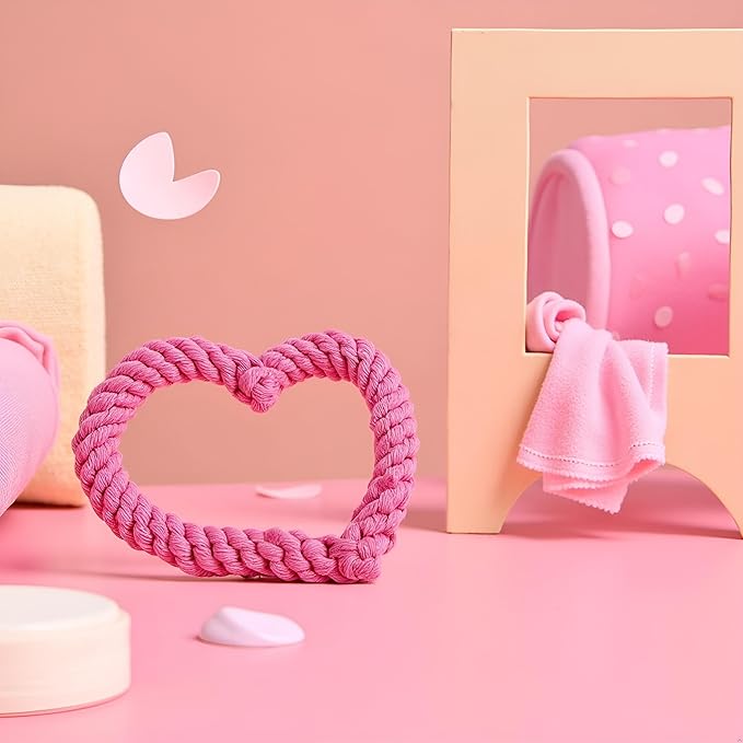 Pink Cute Dog/Cat Chew Toys, Dog Toys for Chewers, Heavy Duty Dental Dog Rope Toy for Dogs, Creative Love Heart Shaped Interactive Rope Dog Toys, Cotton Puppy Teething Chew Tug Toy Dark, Ropes
