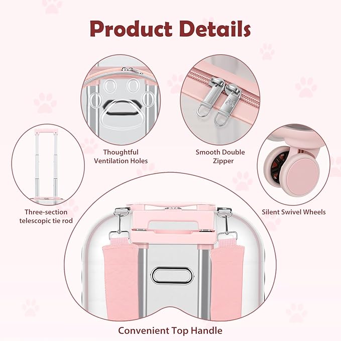 Cat Carrier Backpack with Silent Wheels, Clear Cat Stroller with Ventilation Holes, Telescopic Handle, Convenient Portable Cats Dogs Backpack for Travel (Light Pink-B)