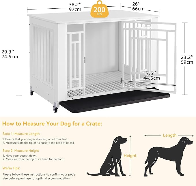 DWVO Double Dog Crate Furniture for 2 Large Medium Dogs, 76 Inch Heavy Duty Dog Kennel Indoor TV Stand with Wheels, Decorative Wooden Dogs Cage Table with Removable Tray, Chew-Resistant, White