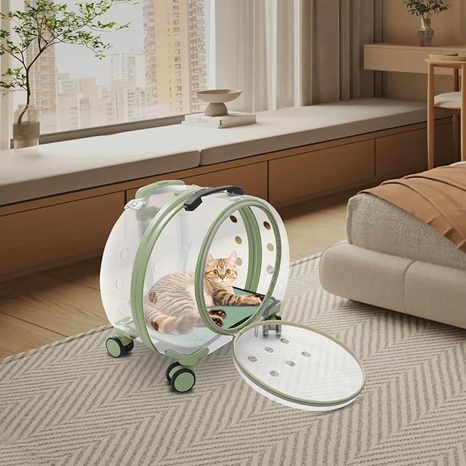 15.7" X 10.6" X 17.7" Hard Shell Rolling Cat Carrier, Outdoor Cat Carrier with Wheels, Stable Pet Stroller with Soft Mat, Support to 19.84 Lbs (Green)