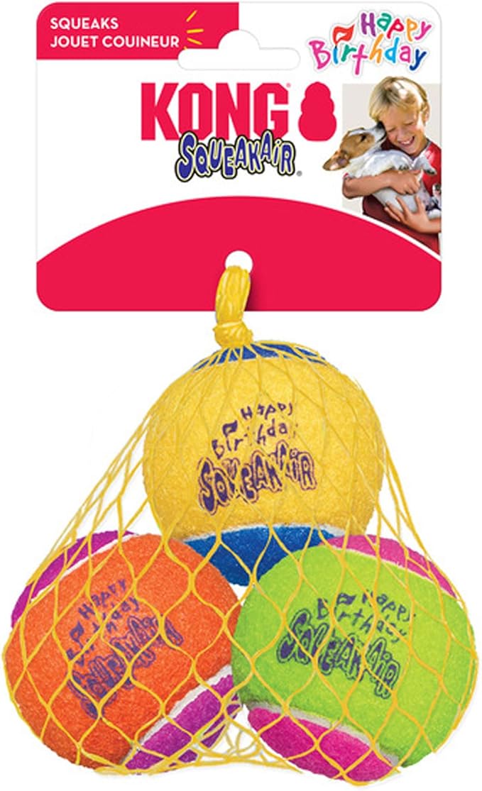 KONG - SqueakAir Birthday Balls (3 Pack) – Durable Non-Abrasive Fetch Toy with Built-in Squeaker, Assorted Colors (2 Packs)