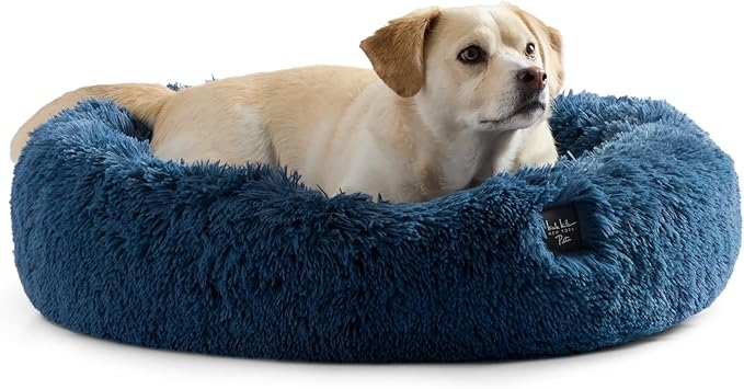Nicole Miller NEW YORK PET Ellie Fuzzy Solid Donut Pet Bed, Plush, Cozy & Calming, Non-Slip Bottom, 100% Machine Washable, Blue, Small 24"x24"x7" Round