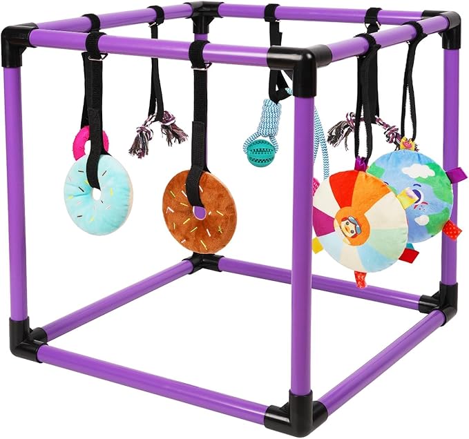 Liitrton Puppy Play Gym - Small Dogs Play Gym with 8 Hanging Toys, Indoor Puppy Jungle Gym with Interactive Dog Enrichment Toys, 19.5"x19.5"x19.5" PVC Frame (Purple)