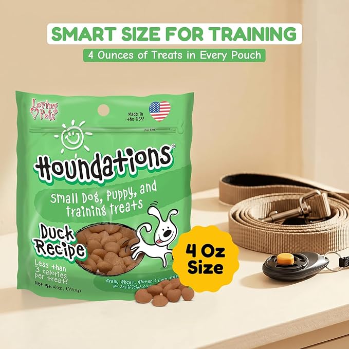 Loving Pets Houndations Duck Dog Training Treats | All Natural | 2.6 Calories Per Treat | Grain-Free, Wheat-Free, Gluten-Free & Corn-Free | For Small Dogs & Puppies, 4 oz