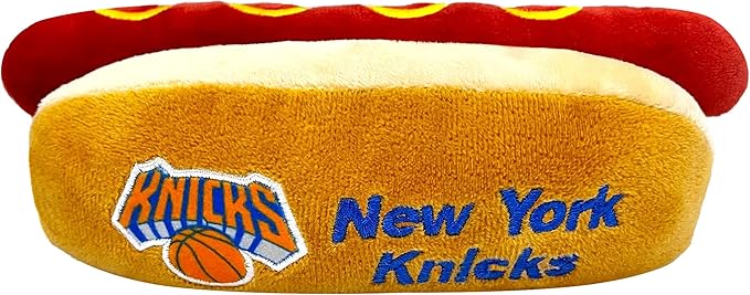 Pets First NBA New York Knicks HOT Dog Plush Dog & CAT Squeak Toy - Cutest HOT-Dog Snack Plush Toy for Dogs & Cats with Inner Squeaker & Beautiful Basketball Team Name/Logo 8 x 5 x 3 Inches