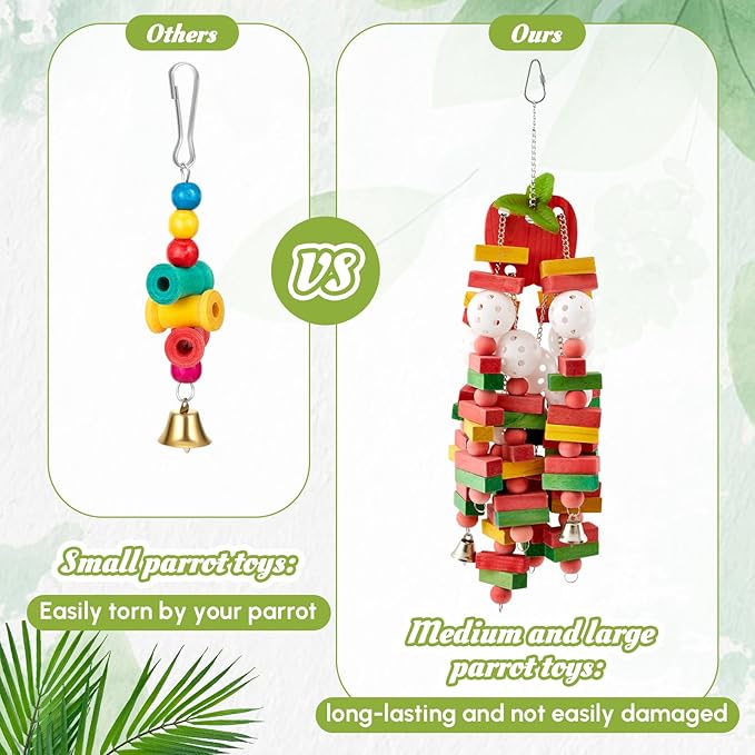 Seenelling 3 Pcs Extra Large Bird Parrot Toy Multicolored Natural Wooden Parrot Cage Chewing Toys for Large Medium Macaws Cockatoos African Grey Birds (Block and Ball)