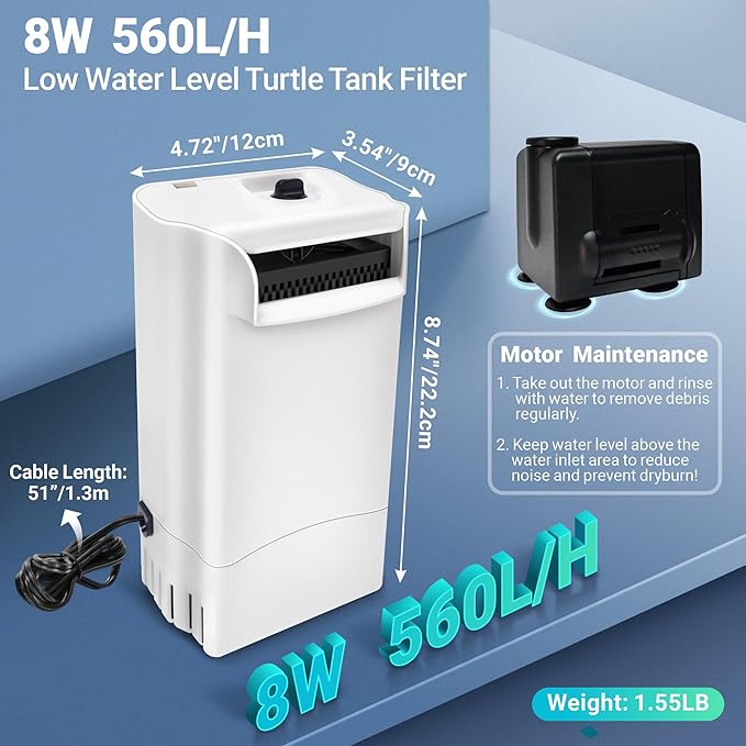 GOZILLA 8W 148GPH Turtle Tank Filter,Aquarium Filter for Low Water Level Tank,Adjustable Water Flow Turtle Filter for Turlte Tank, Fish Tank Filter for 10-30 GAL Aquarium Tank. (White)