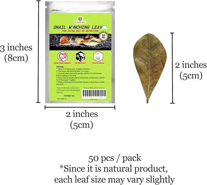 SunGrow 50 Pack Catappa Indian Almond Leaves for Snails and Crayfish, Mini Raw Dried Leaf for Fish Tank Aquarium, Maintains pH Levels