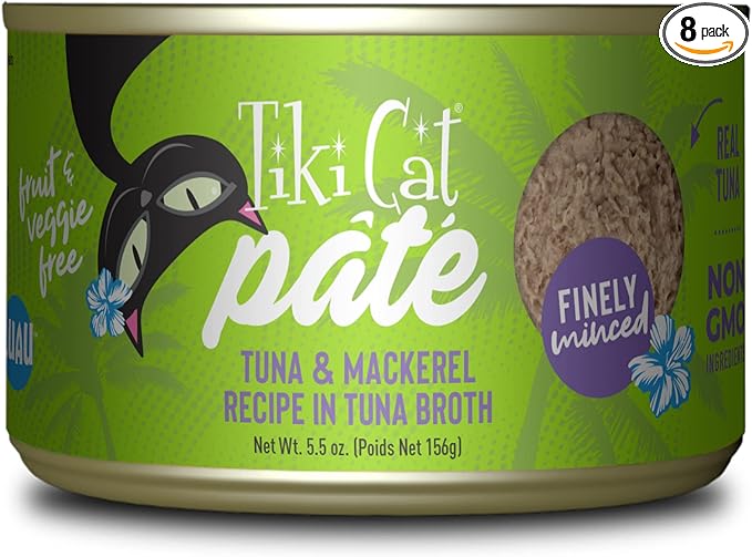 Tiki Cat Luau Pate, Ahi Tuna & Mackerel Recipe in Tuna Consumme, Grain-Free Balanced Nutrition Wet Canned Cat Food, for All Life Stages, 5.5 oz. Can (8 Count)