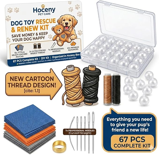 67PCS Dog Toy Repair Kit - Professional Squeaker Replacement Set with 40 Squeakers, 15 Heavy-Duty 7x7cm 600D Oxford Patches, 7 Specialized Needles & Waxed Thread for Stuffed Animal Rescue