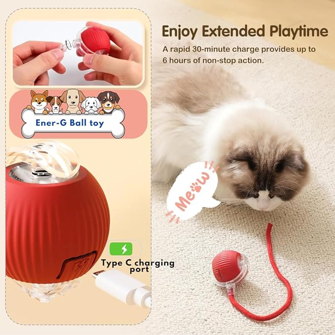 Interactive Electric Automatic Rolling Moving Rechargeable Self Play Stimulation Toy,Smart Pet Chase Ball with Speedy Tail Rope for Bored Indoor Cats enrichment,stimulating Dogs toy(Small Dogs)(Green)