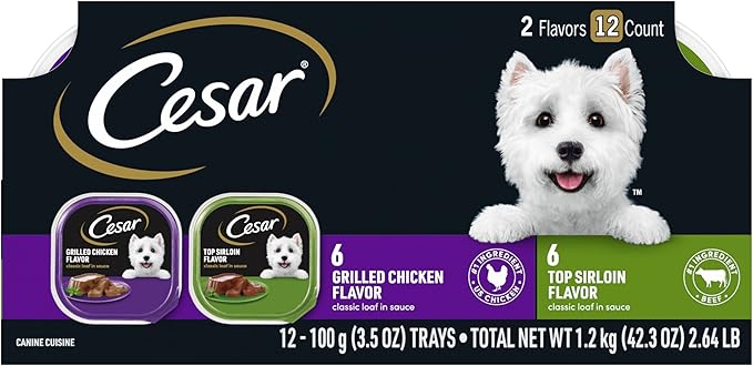 Cesar Classic Loaf in Sauce Adult Wet Dog Food, Grilled Chicken Flavor and Top Sirloin Flavor, 3.5 oz. Easy Peel Trays, Variety Pack (12 Count, Pack of 1)
