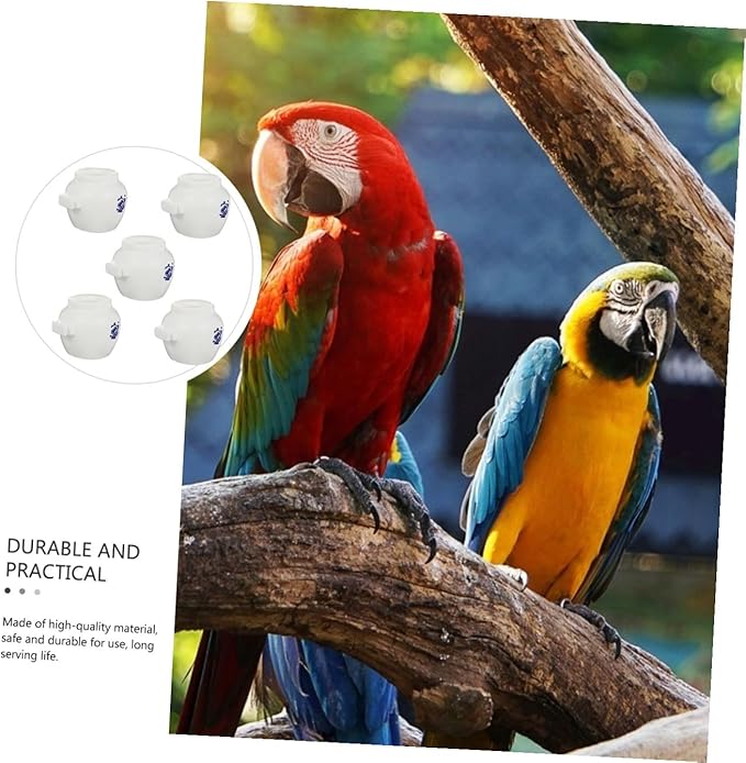 KALLORY 5pcs Large Round Parrot Food Bowls Set Blue and White Porcelain Style Bird Feeding Cups Water Holders Compatible Bird Cages for Parrots and Small