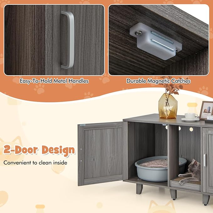 Giantex Cat Litter Box Enclosure - Cat Washroom Hidden Furniture, 2 Storage Cabinets, Removable Cat Scratcher, Air Vents, Detachable Legs, Wood Pet Crate Indoor Cat House TV Stand (Gray)