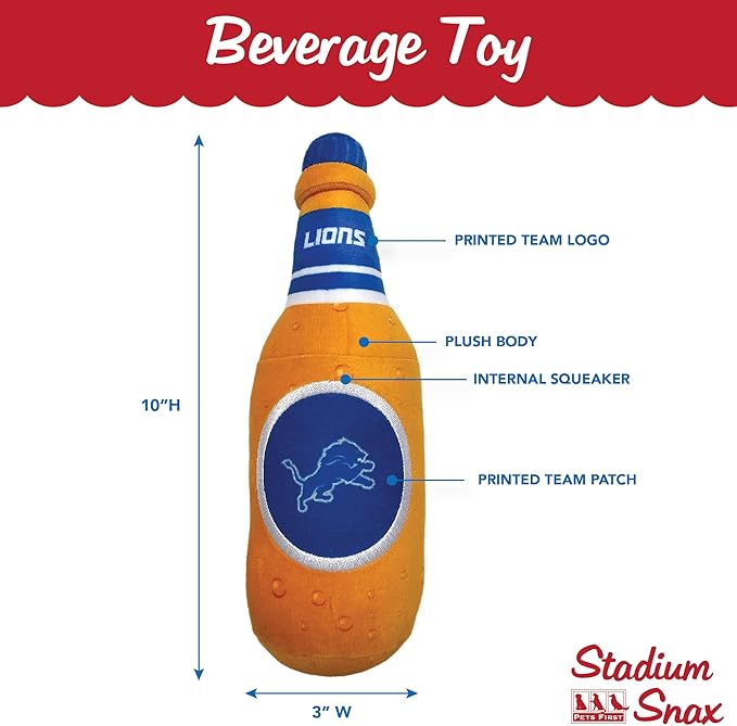 NFL Detroit Lions Beer Bottle Plush Dog & CAT Squeak Toy - Cutest Stadium SODA Bottle Snack Plush Toy for Dogs & Cats with Inner Squeaker & Beautiful Football Team Name/Logo