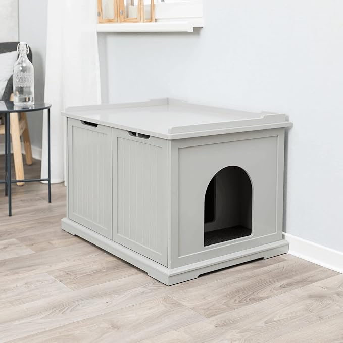 Trixie XL Furniture Litter Box Enclosure (Gray), Hidden Litter Box for Cats with Openings on Either Ends & Large Ventilations Slots, Double Doors for Easy Cleaning, Removable Divider