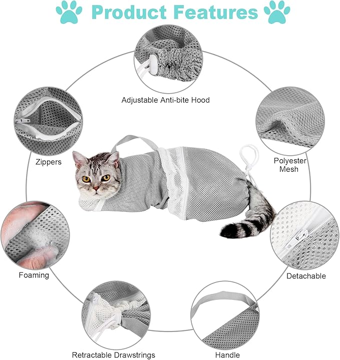 Cat Bathing Bag Adjustable Cat Grooming Net Bag Anti-bite & Anti-Scratch Cat Bath Washing Restraint Bag, Breathable Mesh Cat Grooming Bag for Shower, Nail Trimming, Injection