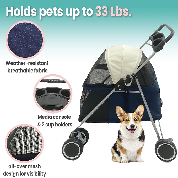 Critter Sitters 4-Wheel Dog Stroller for Small Dogs, Cats, or Rabbits with Scratch Resistant Breathable Mesh Windows, Cup Holders, Lockable Wheels, and Removable Pad, Modern Pet Stroller