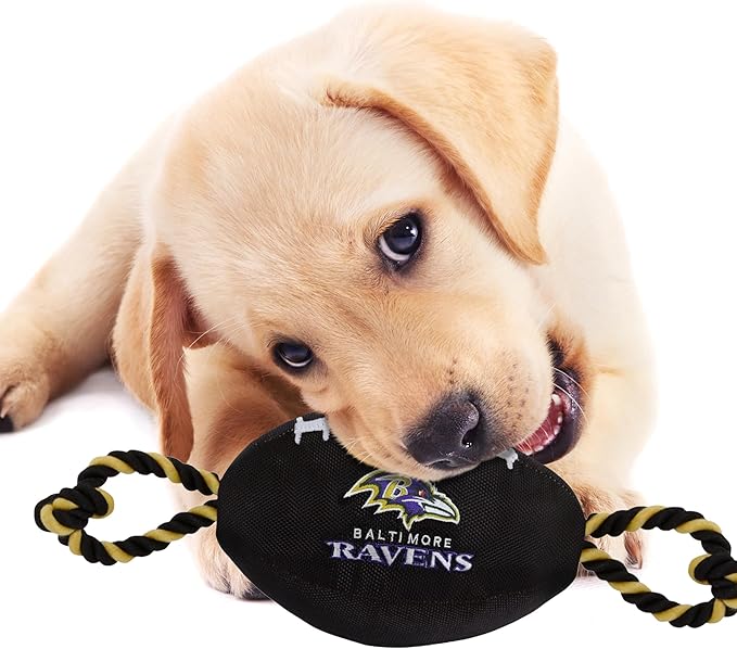 Pets First NFL Baltimore Ravens Football Dog Toy, Tough Quality Nylon Materials, Strong Pull Ropes, Inner Squeaker, NFL Team Color