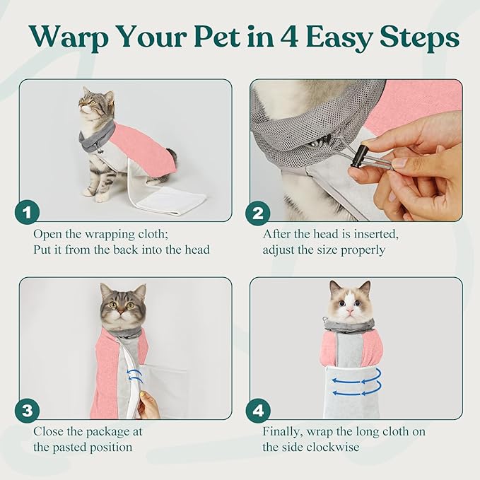 Supet Cat Grooming Wrap for Cutting Nails, Self-Adhesive Anti-Scratch Swaddle with Bite-Proof Mesh Hood & Thick Waist Strap Anti-Escape Bag for Nail Trimming, Medication, Ear Cleaning (Pink L)