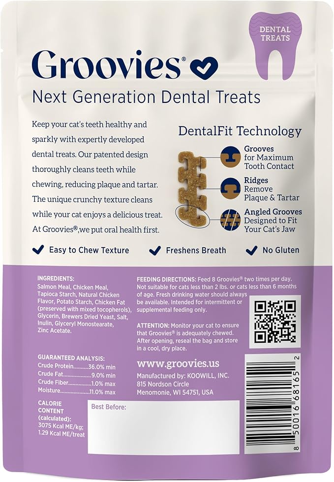 Groovies Cat Daily Dental Treats. Tasty, Crunchy Bites Cats Love. Salmon Flavor. Powered by USA-Patented DentalFit Technology. No Added Gluten, No Artificial Flavors or Colors. 7.05oz (460 Treats)