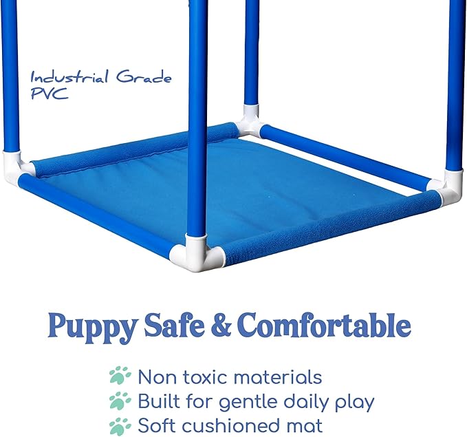 Race&Herd Puppy Play Gym, Dog Play Mat, 8 Bungee Straps Interactive Puppy Active Toys - Small Dog Jungle Gym 19.5" Frame with Playground Set Indoor Enrichment Activity Center (Blue)