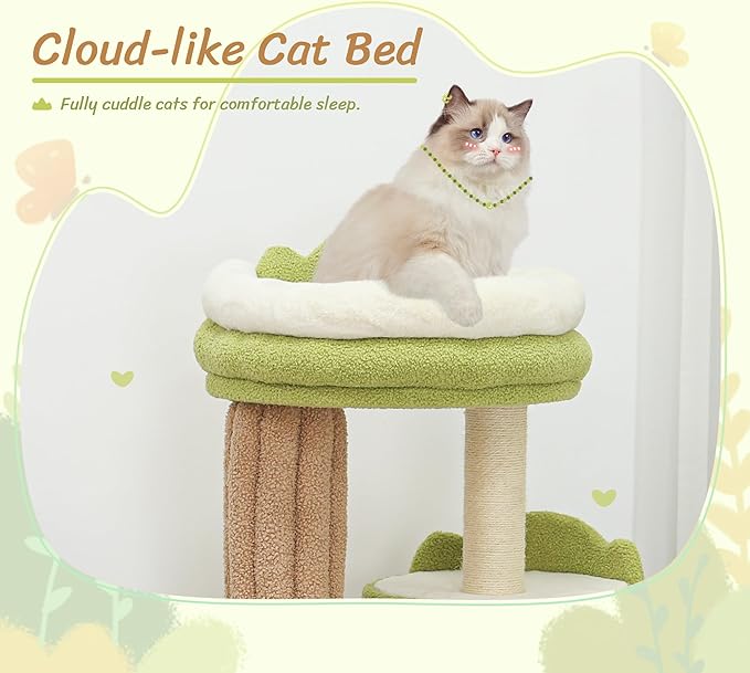 KAMABOKO 42.5" Cute Cat Tree, Green Cat Tree for Indoor Cats, Aesthetic Cat Tower with Teddy Fleece, Cats Condo, Unique Cat Furniture for Small Space - Perfect for Your Feline Pal