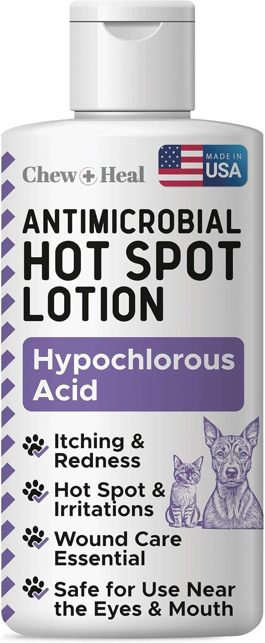 Chew + Heal Labs Hypochlorous Acid Lotion for Dogs – 4oz Dog Wound Spray for Cuts, Burns, Sores, Abrasions, and More – Non Toxic and Chemical Free Hot Spot Lotion – Made in the USA
