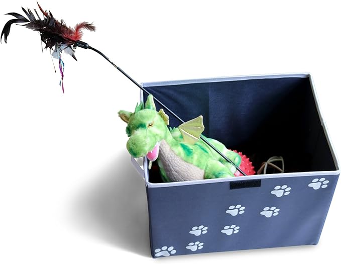 Feline Ruff Large Dog Toys Storage Box 16" x 12" Pet Toy Storage Basket with Lid. Perfect Collapsible Canvas Bin for Cat Toys and Accessories Too! (Blue)