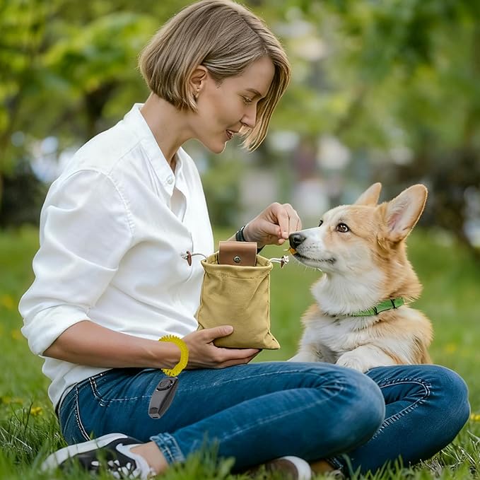 Dog Treat Pouch with Training Clicker & Whistle - Stylish & Portable Large-Capacity Foldable Pet Training Pouch with Wlastic Belt for Outdoor Use/Pet Training (Khaki)