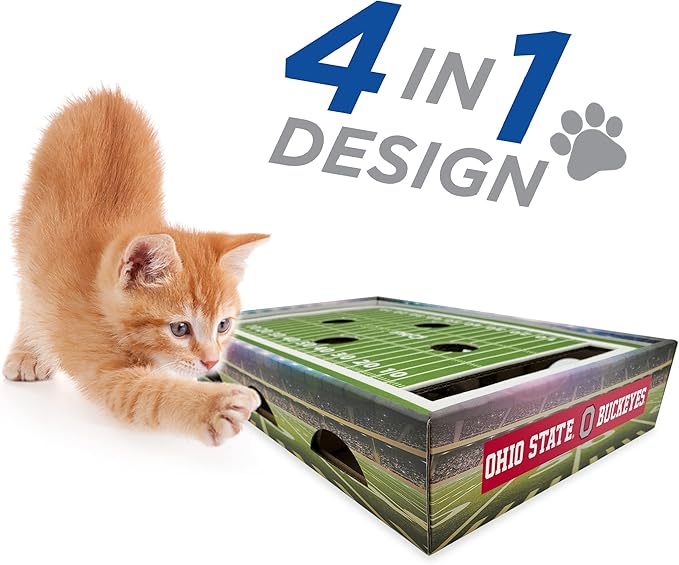 Pets First NCAA Ohio State Buckeyes Cat Scratcher Box, Game Day Cat Toy, NCAA Football Field Designed Cat Scratcher and Lounge, Stimulating Cat Game