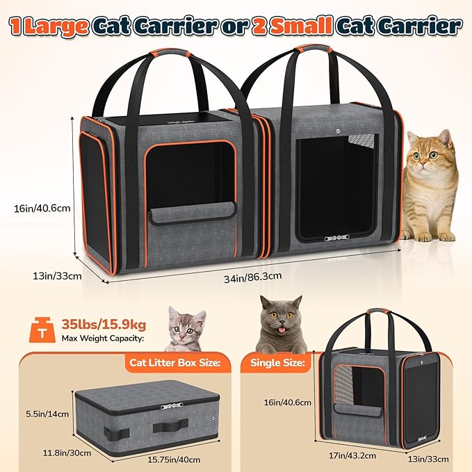 Cat Carrier Bag Large for Travel: 2-in-1 Cat Carrier Soft with Litter Box 34x13x16in Secure The Car Seat for 2 Cats Travelling Design Long Trips Ride