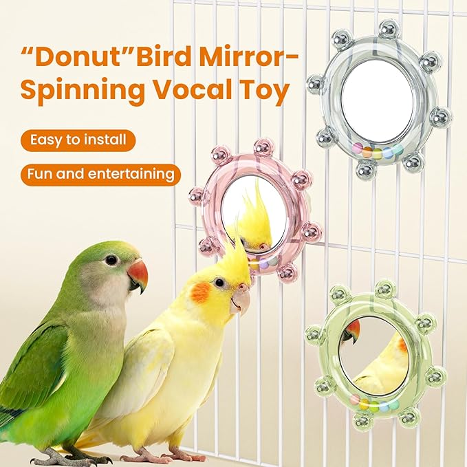 Bird Mirror Toys for Cage,Parakeet Rotating Sound Wheel Toy,Budgie Training Colorful Interactive Chew Toys for Canaries Lovebirds Conures Cockatiels cage Accessories (1, Green)