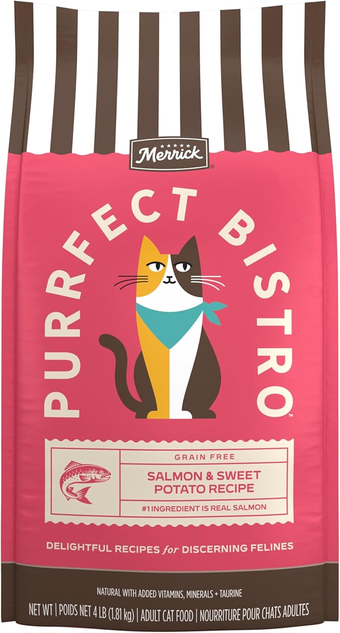 Merrick Purrfect Bistro Grain Free Salmon and Sweet Potato Recipe Natural Dry Cat Food for Adult Cats, High Protein, Outdoor or Indoor Cat Food - 4 lb. Bag