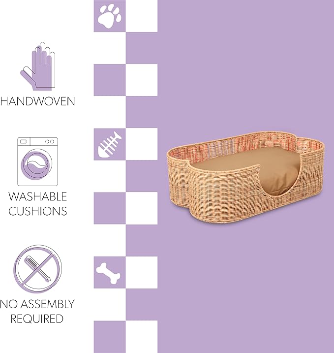 DBD1003B Scallop Handwoven Water Hyacinth Pet Bed with Machine Washable Cushion, 31" x 20" Wicker Cat and Dog Bed for Medium to Large Pets, Boho Tropical Style Basket, Light Brown