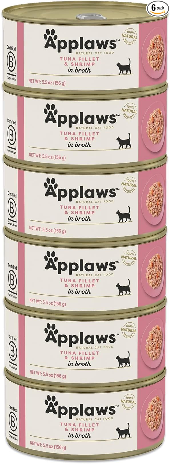Applaws Natural Wet Cat Food in Broth, Limited and Natural Ingredients, High Protein with No Artificial Additives, Tuna Fillet & Shrimp in Broth (6 x 5.5oz Cans)