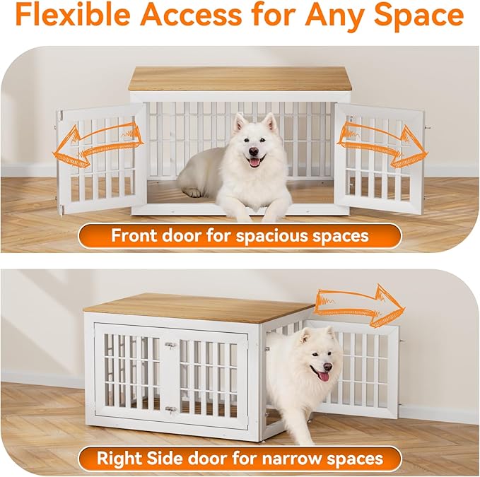 Snuowu 42" Heavy-Duty Dog Crate Furniture for Large/Medium Dogs, XL Wooden Dog Cage Kennel Indoor Furniture, Decorative Pet House End Table,White & Wood