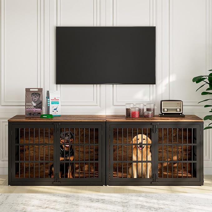 48" Heavy Duty Dog Crate Furniture, Wooden Dog Cage Kennel for Lrage and Extra Large Dogs, Dog Kennel Indoor with Side Door, Decorative Pet House End Table, Brown
