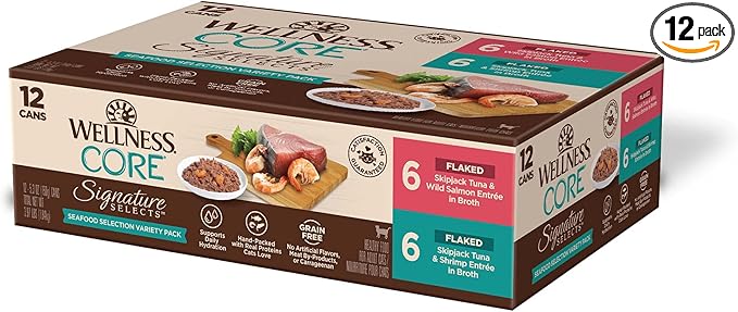 Wellness CORE Signature Selects Variety Pack Adult Canned Wet Cat Food, Natural, Protein Rich, Grain Free, Seafood Recipes, 5.3 oz, Pack of 12 Cans